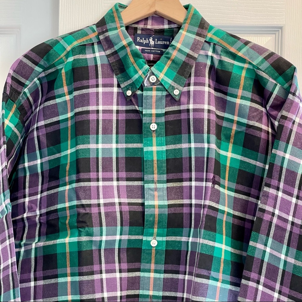 Ralph Lauren Purple Green Plaid Button Down Long Sleeve Men’s Shirt Size XXL 2XL